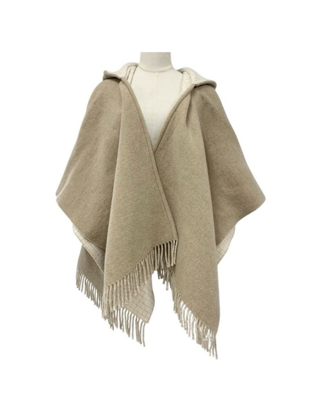 Fendi Outer Wool Beige Logo Check Reversible Hood Cape Poncho